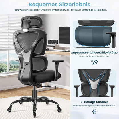 Ergonomischer Bürostuhl mit Kopfstütze und Lendenwirbelstütze, atmungsaktiv, verstellbar