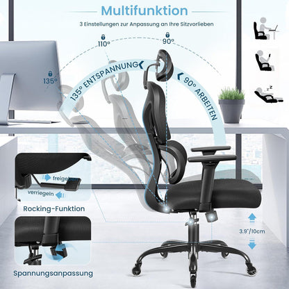 KERDOM Ergonomischer Bürostuhl Verstellbare Kopfstütze Armlehnen Lendenstütze