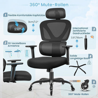 Ergonomischer Bürostuhl mit Verstellbarer Kopfstütze und