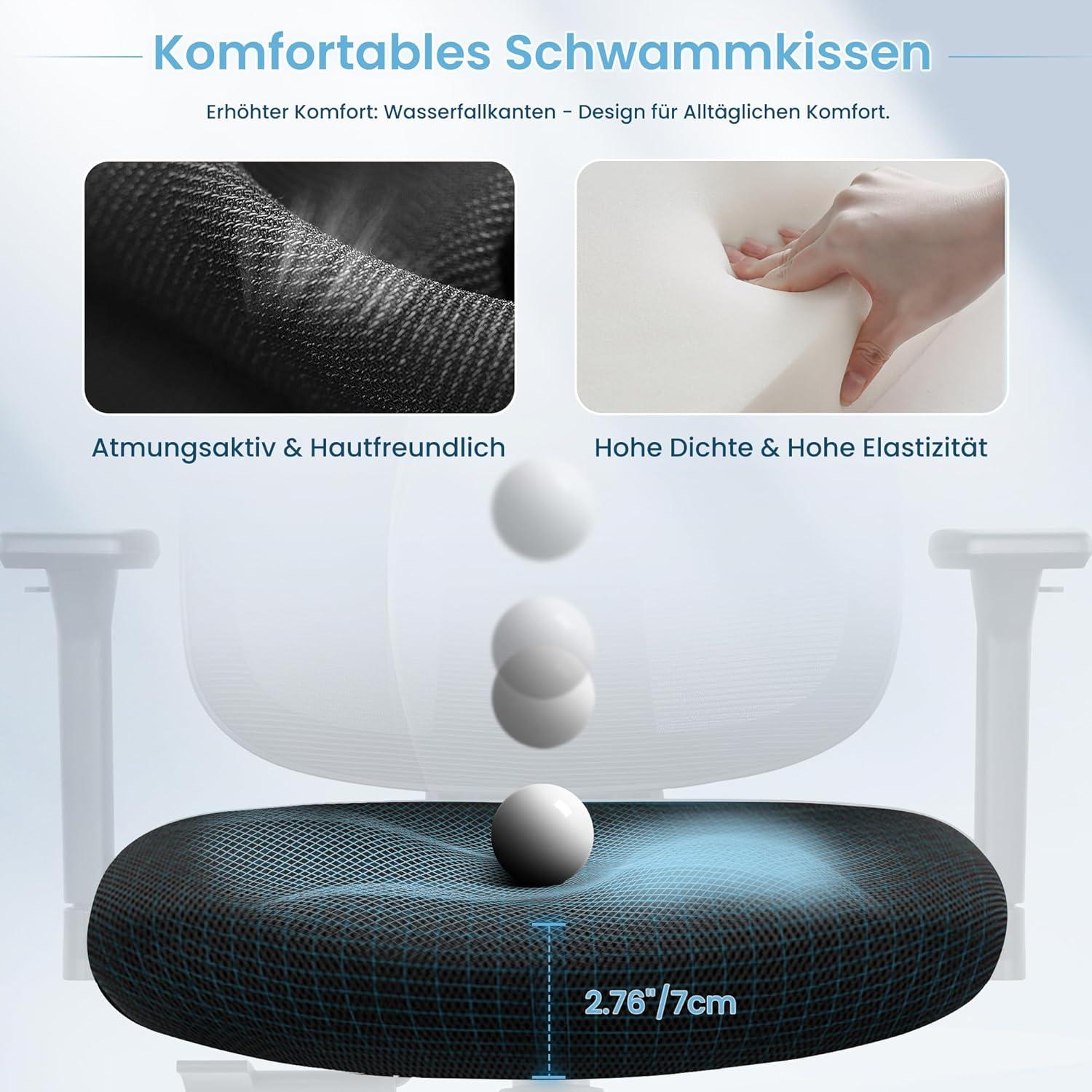 KERDOM Ergonomischer Bürostuhl Verstellbare Kopfstütze Armlehnen Lendenstütze