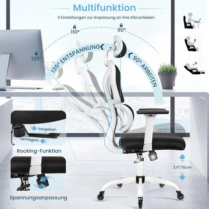 Ergonomischer Bürostuhl mit Kopfstütze, Armlehnen, Lendenwirbelstütze, 150kg
