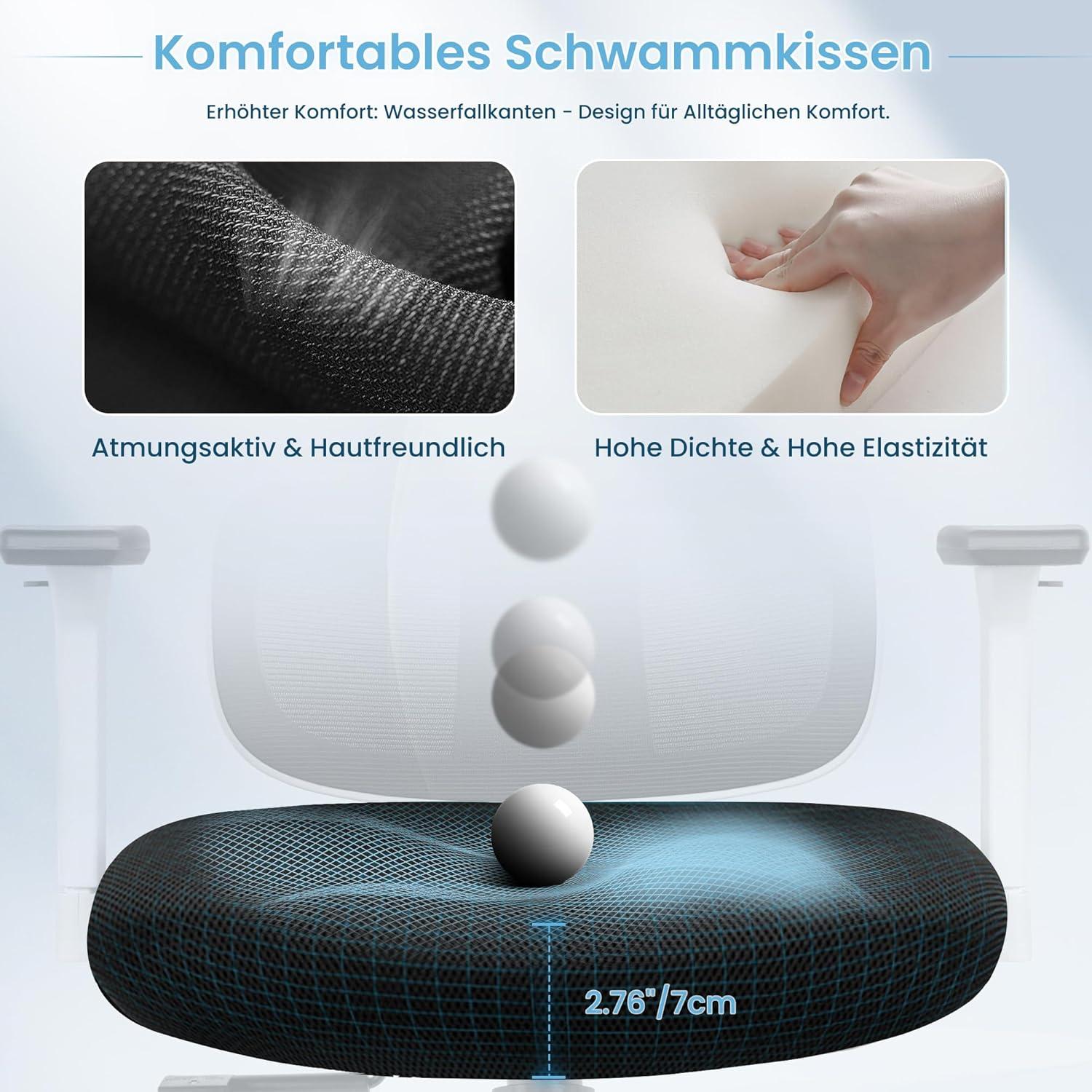 Ergonomischer Bürostuhl mit Kopfstütze, Armlehnen, Lendenwirbelstütze, 150kg