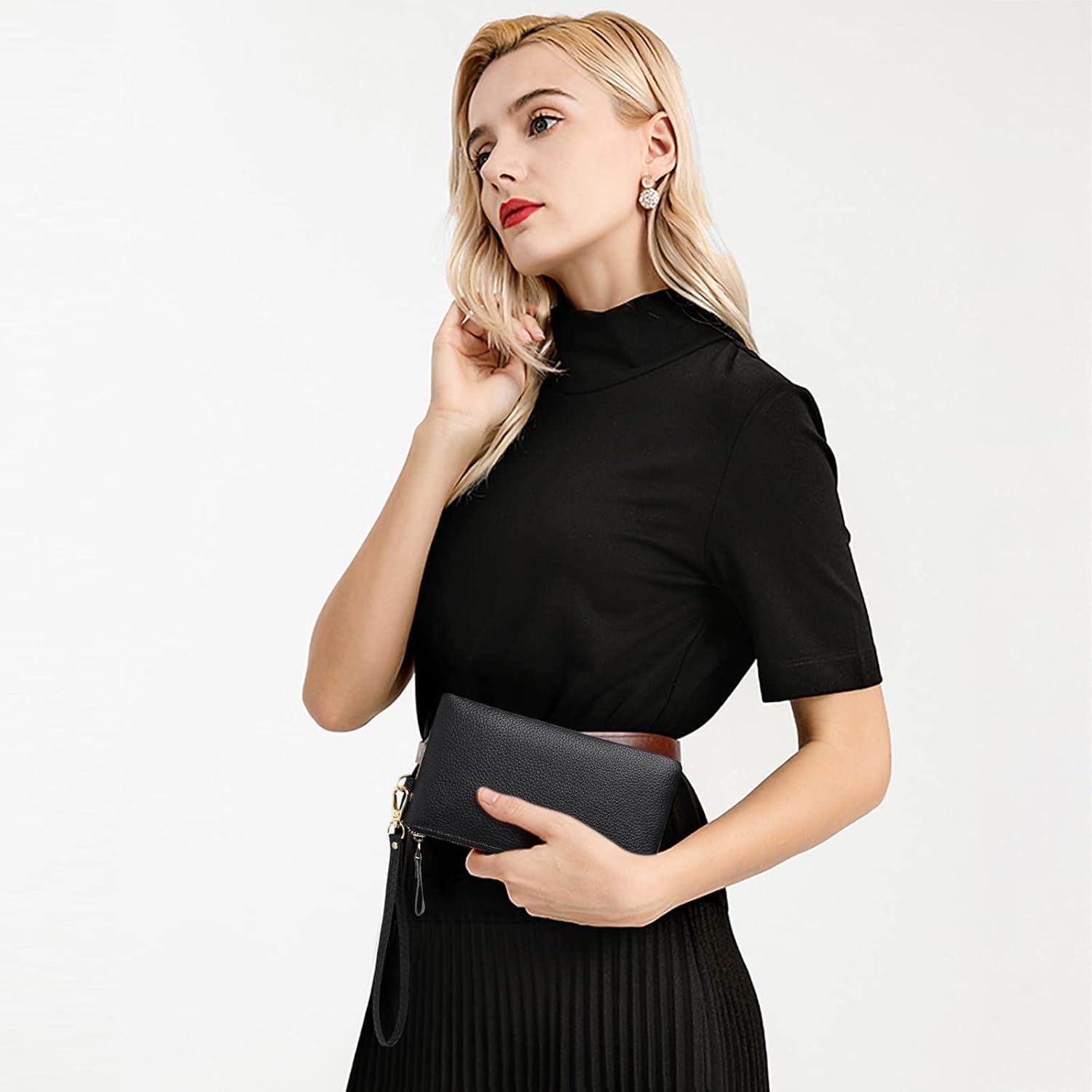 Damen Handtasche RFID Clutch Geldbörse Leder mit Handschlaufe Schwarz