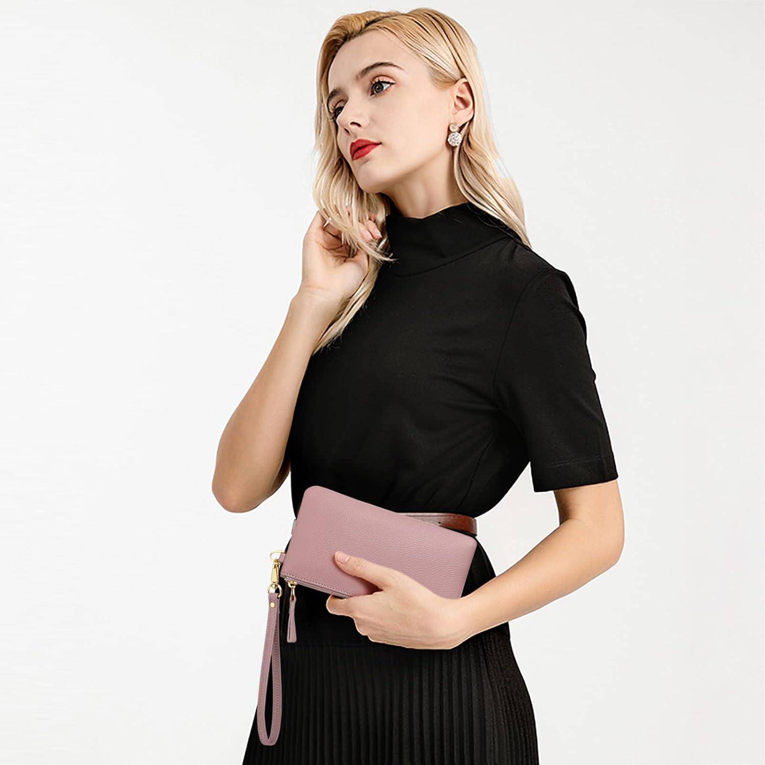Damen Handtasche RFID Schutz Clutch Geldbörse Leder Dunkelpink