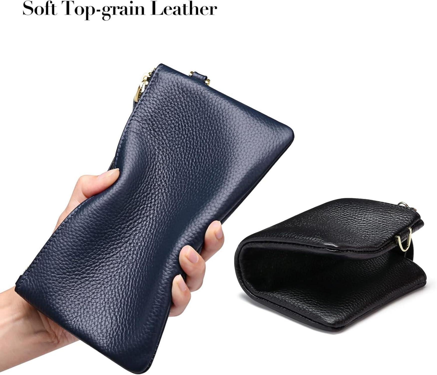 Damen Handtasche RFID Schutz Clutch Geldbörse Leder Blau