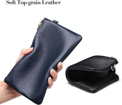 Damen Handtasche RFID Schutz Clutch Geldbörse Leder Blau