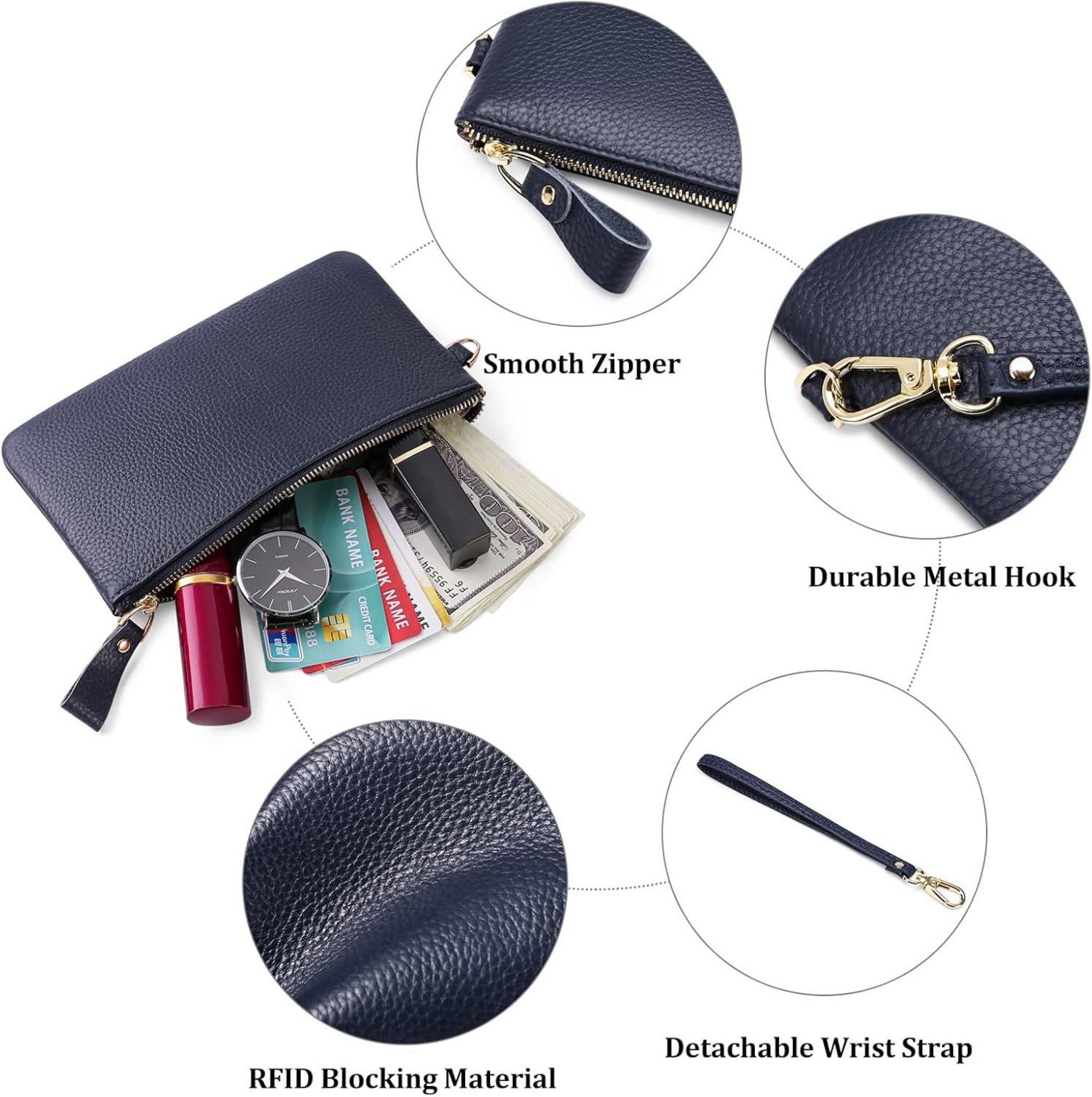 Damen RFID Clutch Geldbörse Handtasche Klein Leder Handgelenkschlaufe