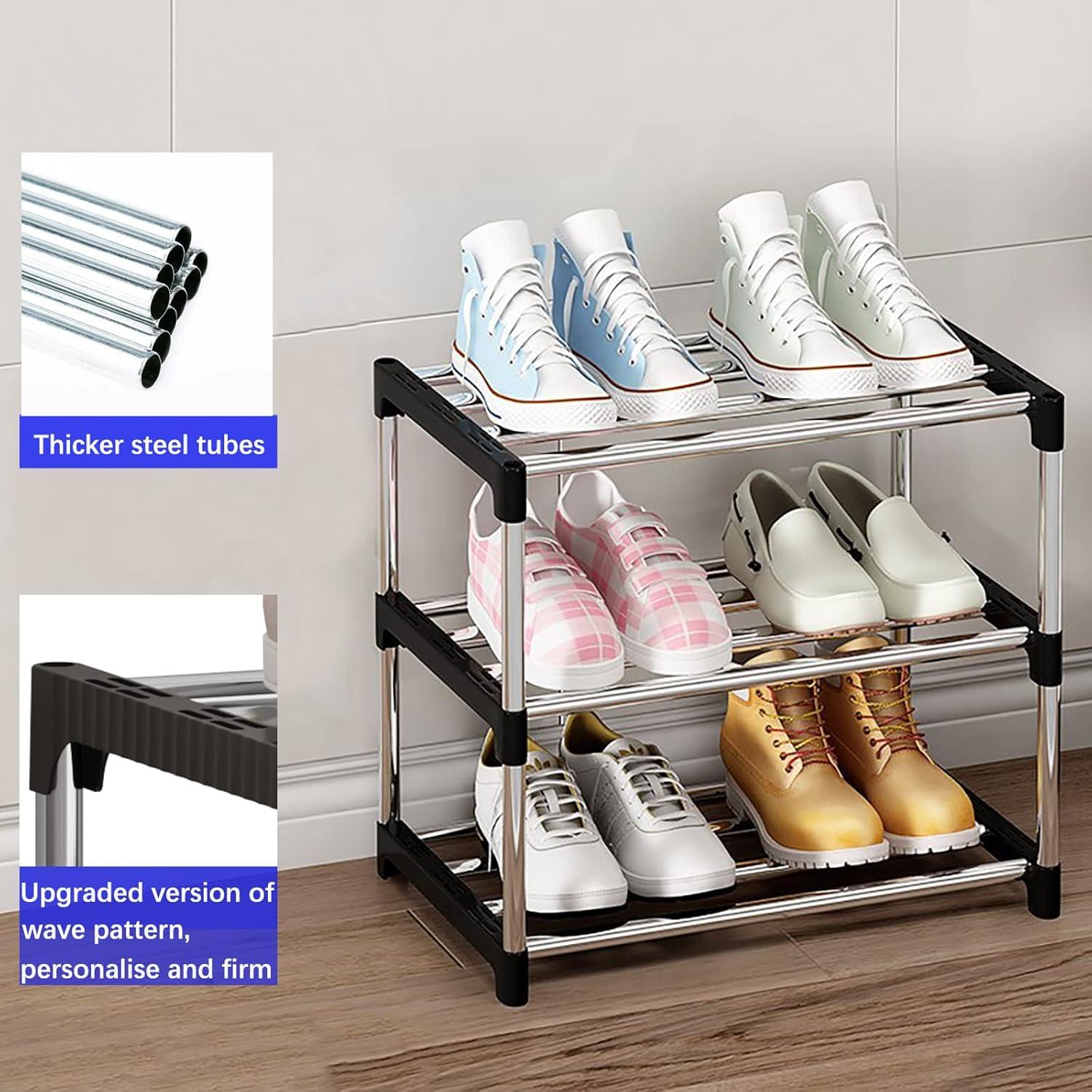 NIAWECAN Kleines stapelbares Schuhregal 3 Ebenen Organizer Schwarz