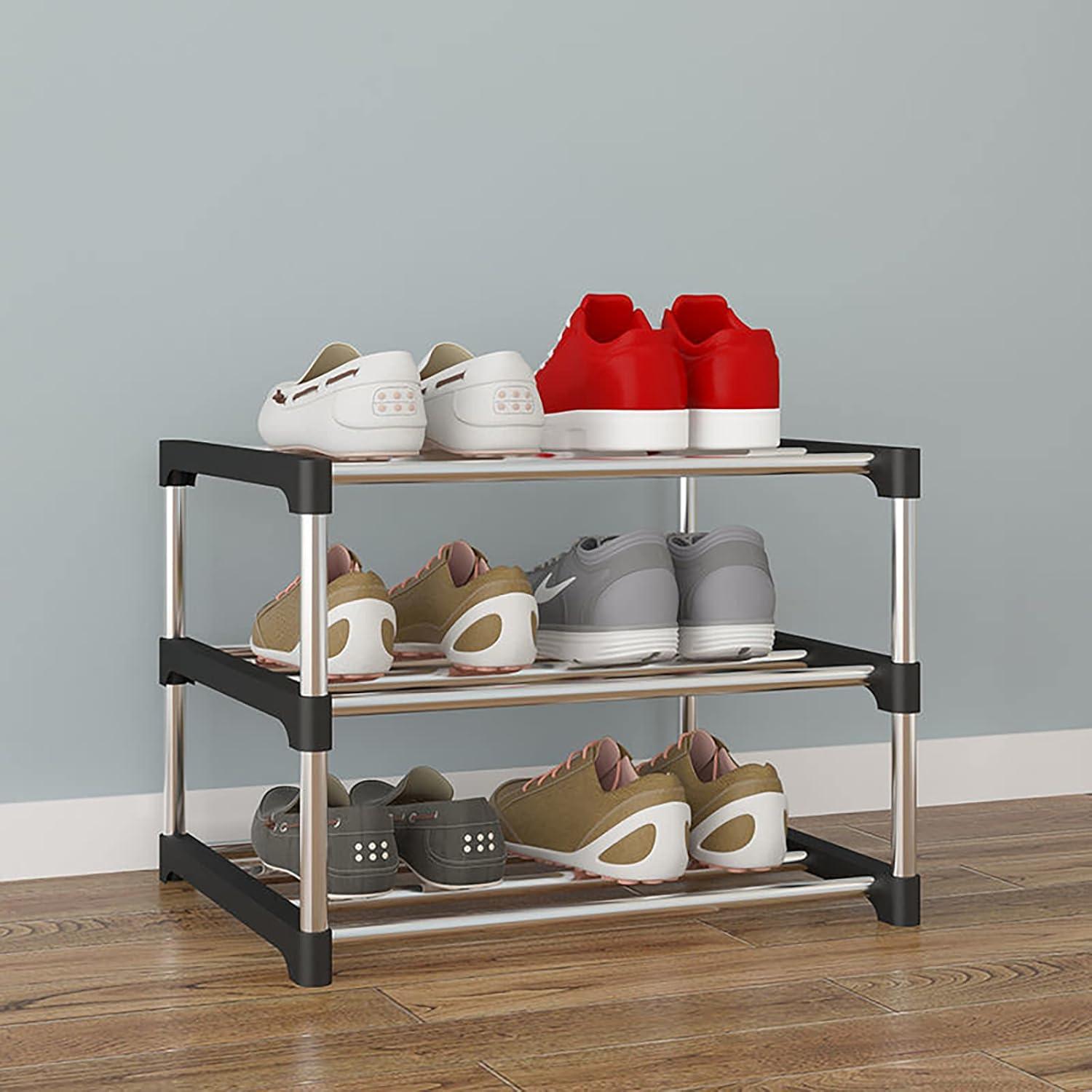 Kleines stapelbares Schuhregal 3 Ebenen Organizer Schwarz