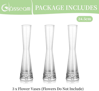 3er Set Handmade Glasvasen 24.5cm Hoch - Schmale Blumenvase für Tulpen