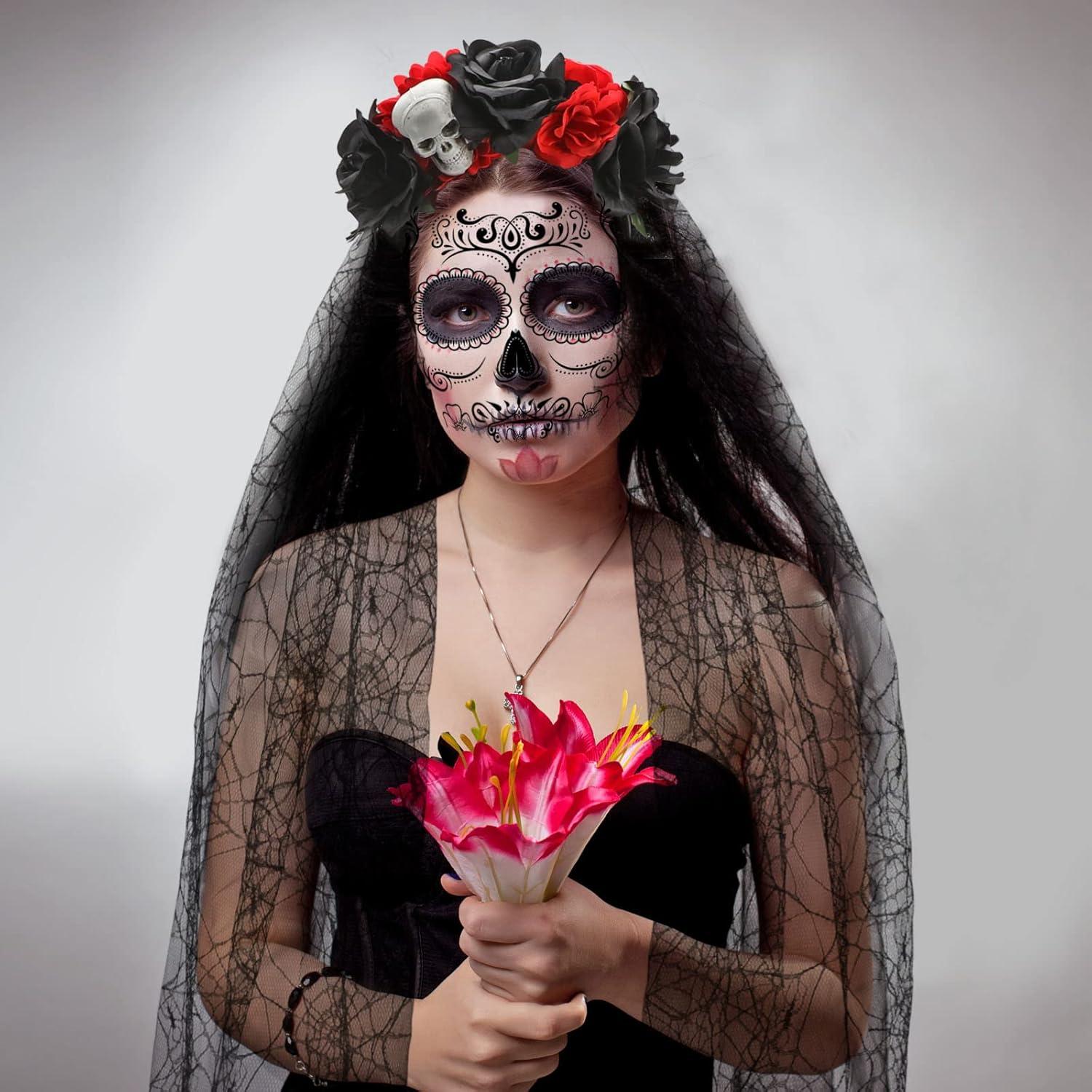 Halloween Tag der Toten Haarreif Schleier Rosen Gesicht Tattoos
