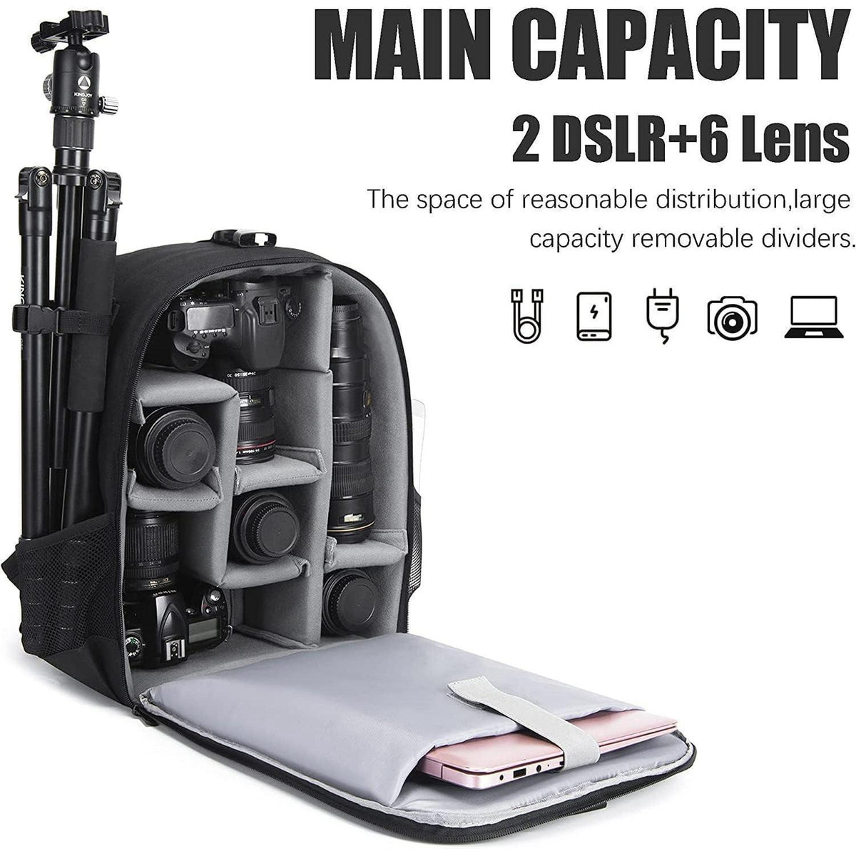 Kamerarucksack wasserdicht für DSLR/SLR – Stativkompatibel (5.0L Schwarz)