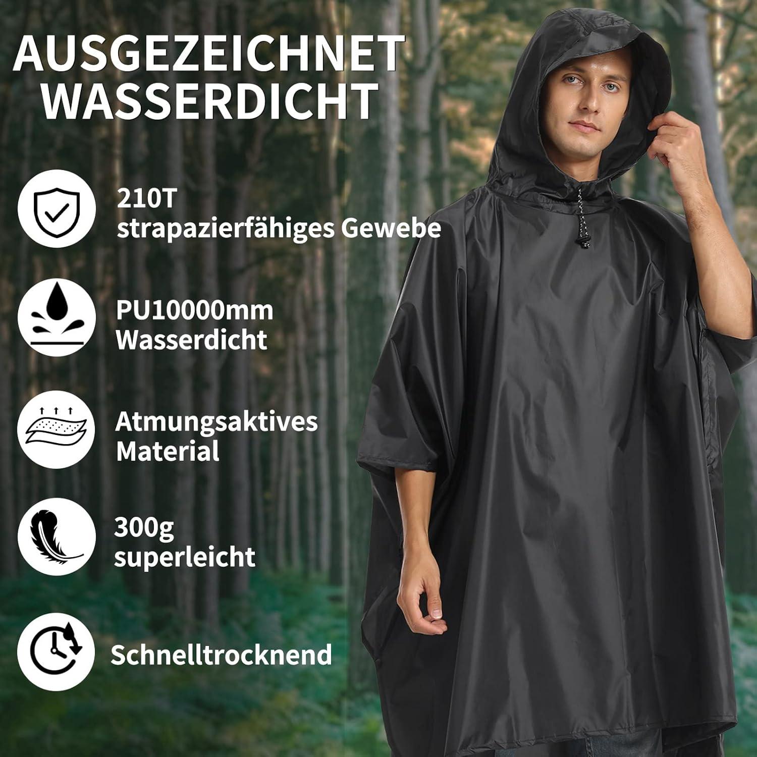 Opret Wasserdichter Regenponcho 3-in-1 Multifunktion Camping Schwarz