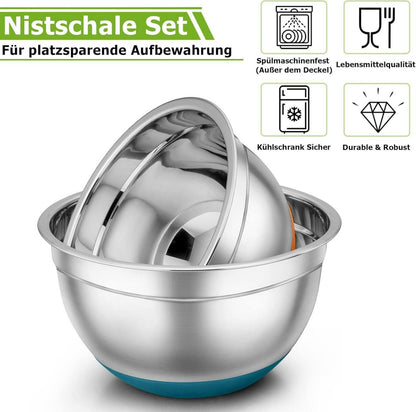 Edelstahl Rührschüssel Set mit Deckel und Silikonboden