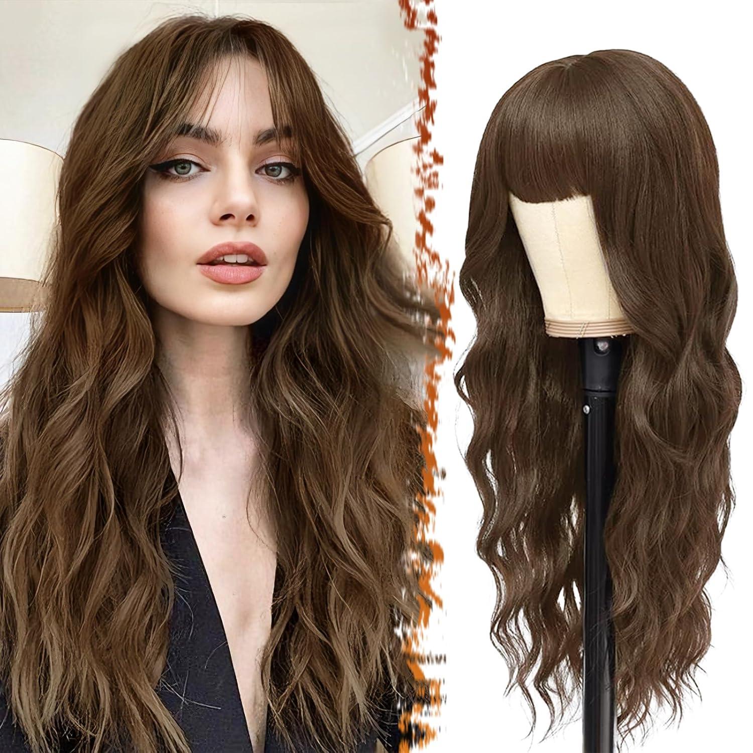 Perücke Braun 66cm Gewellt mit Pony Synthetisch Cosplay Halloween