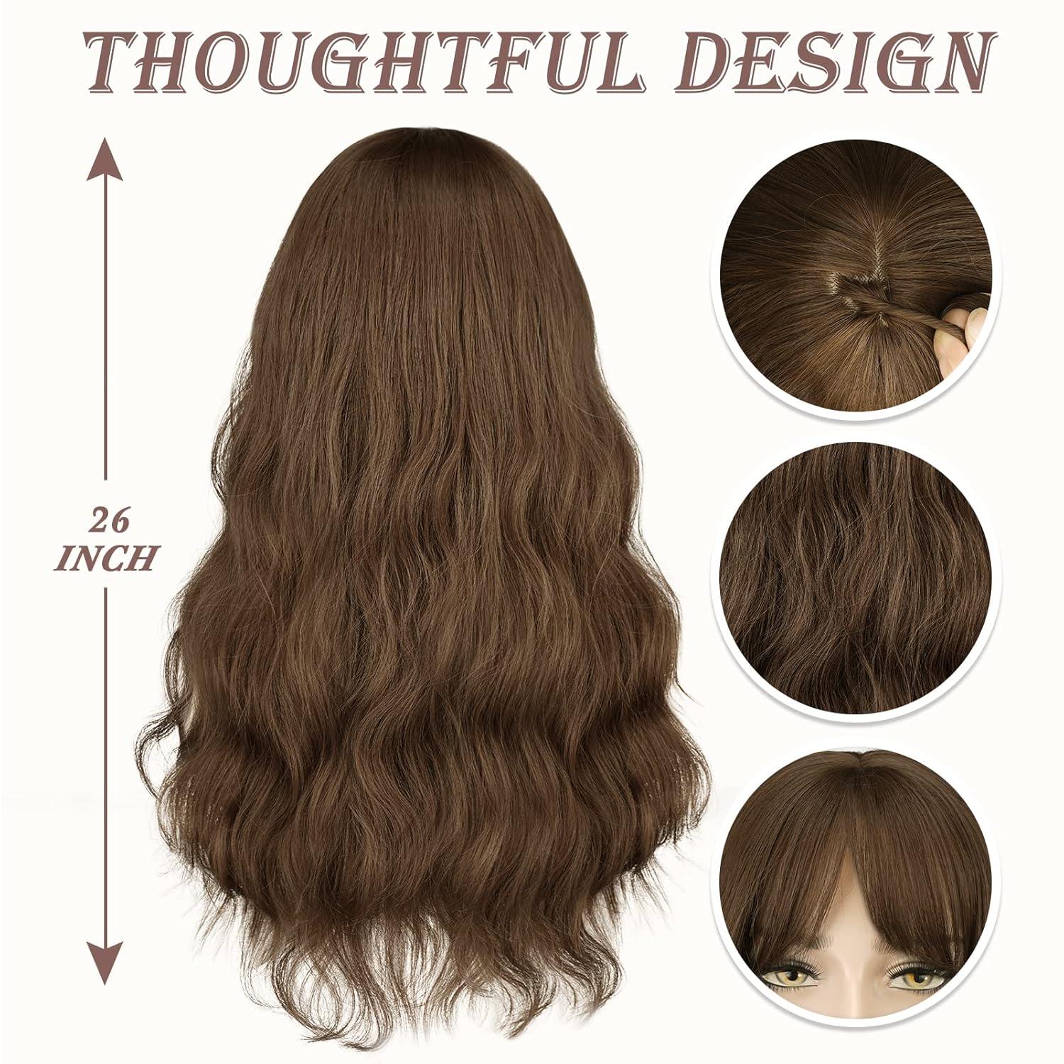 Braune Lange gewellte Perücke mit Pony, 66cm Synthetische Haarperücke