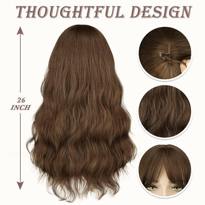 Braune Lange gewellte Perücke mit Pony, 66cm Synthetische Haarperücke