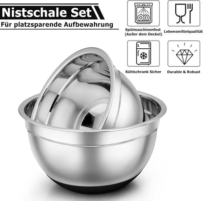 Edelstahl Rührschüssel Set mit Deckel und Silikonboden, stapelbar