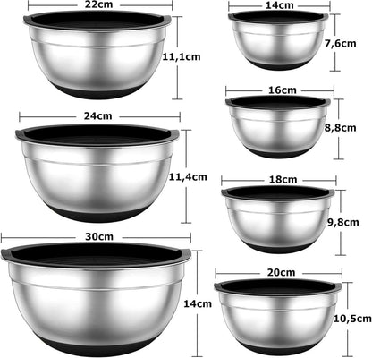 TEAMFAR Edelstahl Rührschüssel 7er Set mit Deckel und Silikonboden, stapelbar, spülmaschinenfest, schwarz