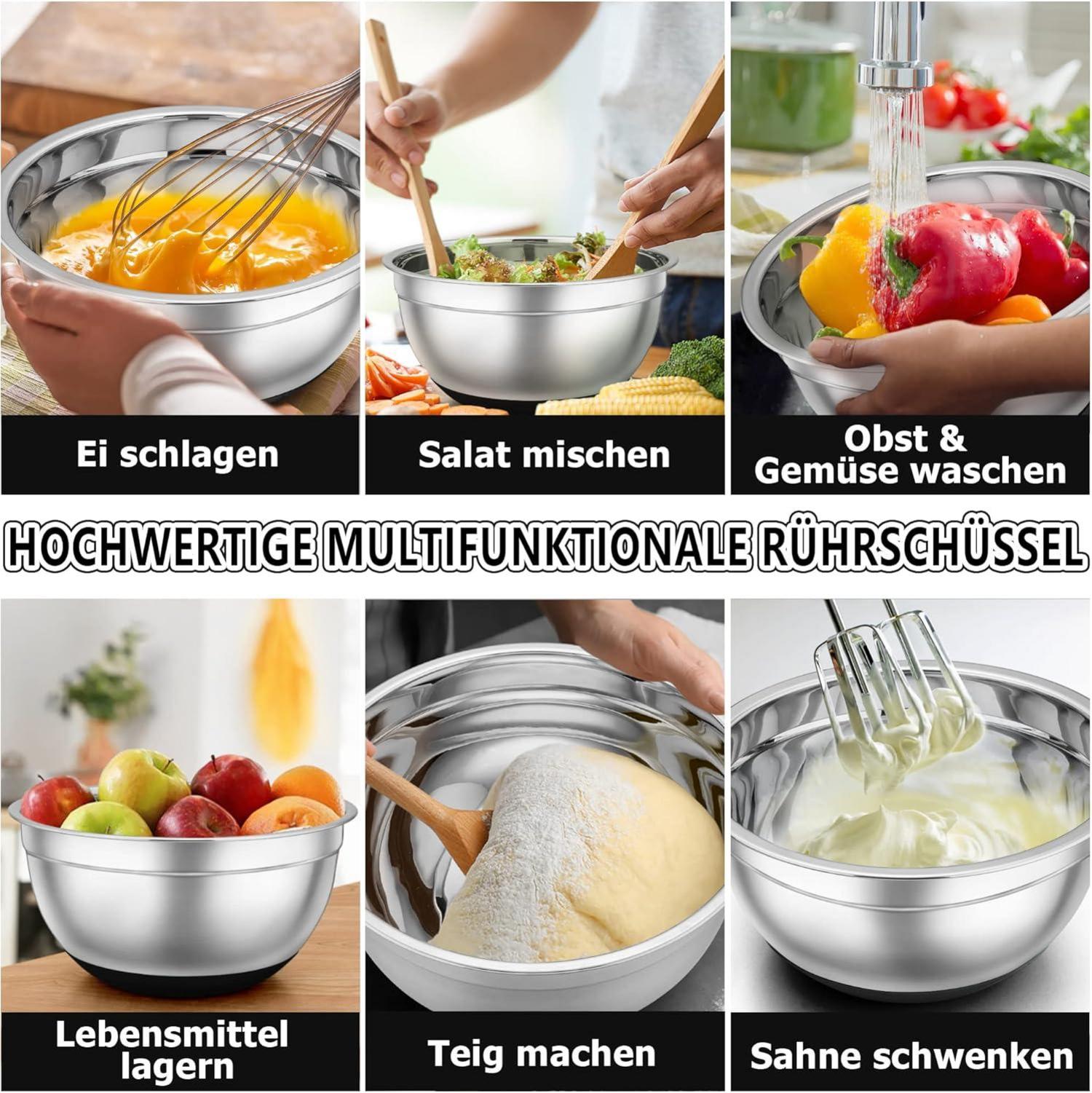 Edelstahl Rührschüssel Set 7-teilig mit Silikonboden und luftdichtem Deckel