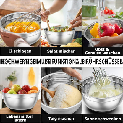 Edelstahl Rührschüssel Set 7-teilig mit Silikonboden und luftdichtem Deckel