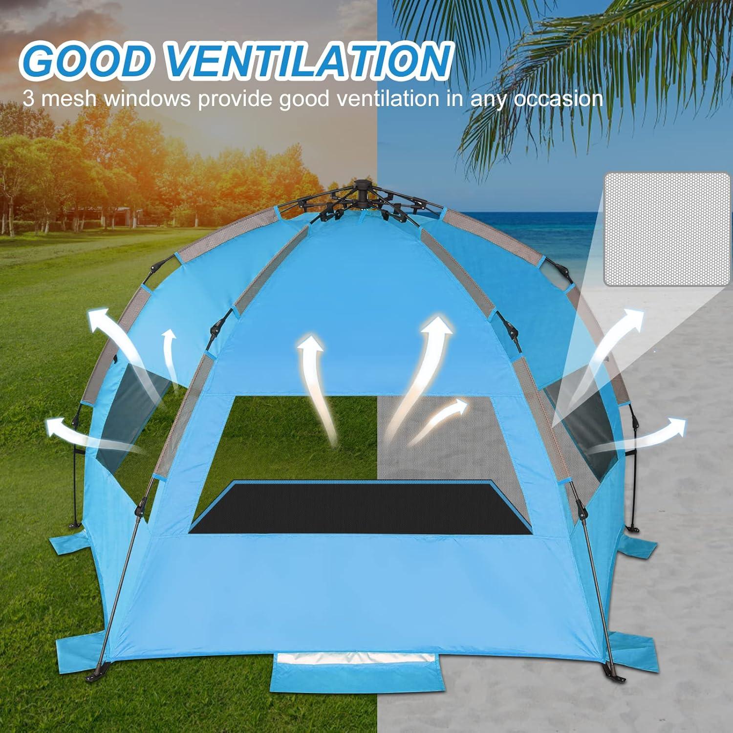 TAGVO Strandmuschel UV-Schutz Pop-Up Zelt 4 Personen Sonnenschutz, Belüftung, für Strand Camping