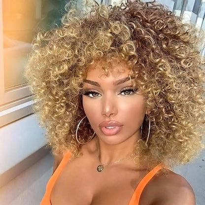 Braune Lockige Afro Perücke mit Pony – Synthetisch & Natürlich