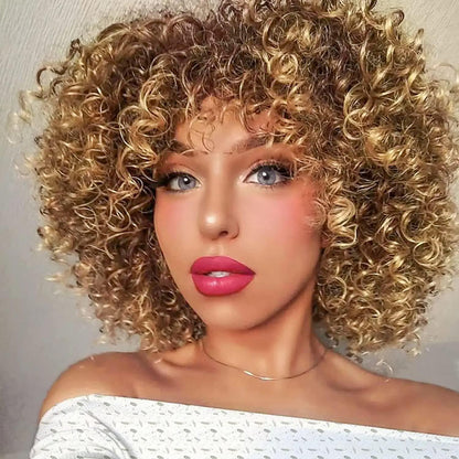 Braune Lockige Afro Perücke mit Pony – Synthetisch & Natürlich