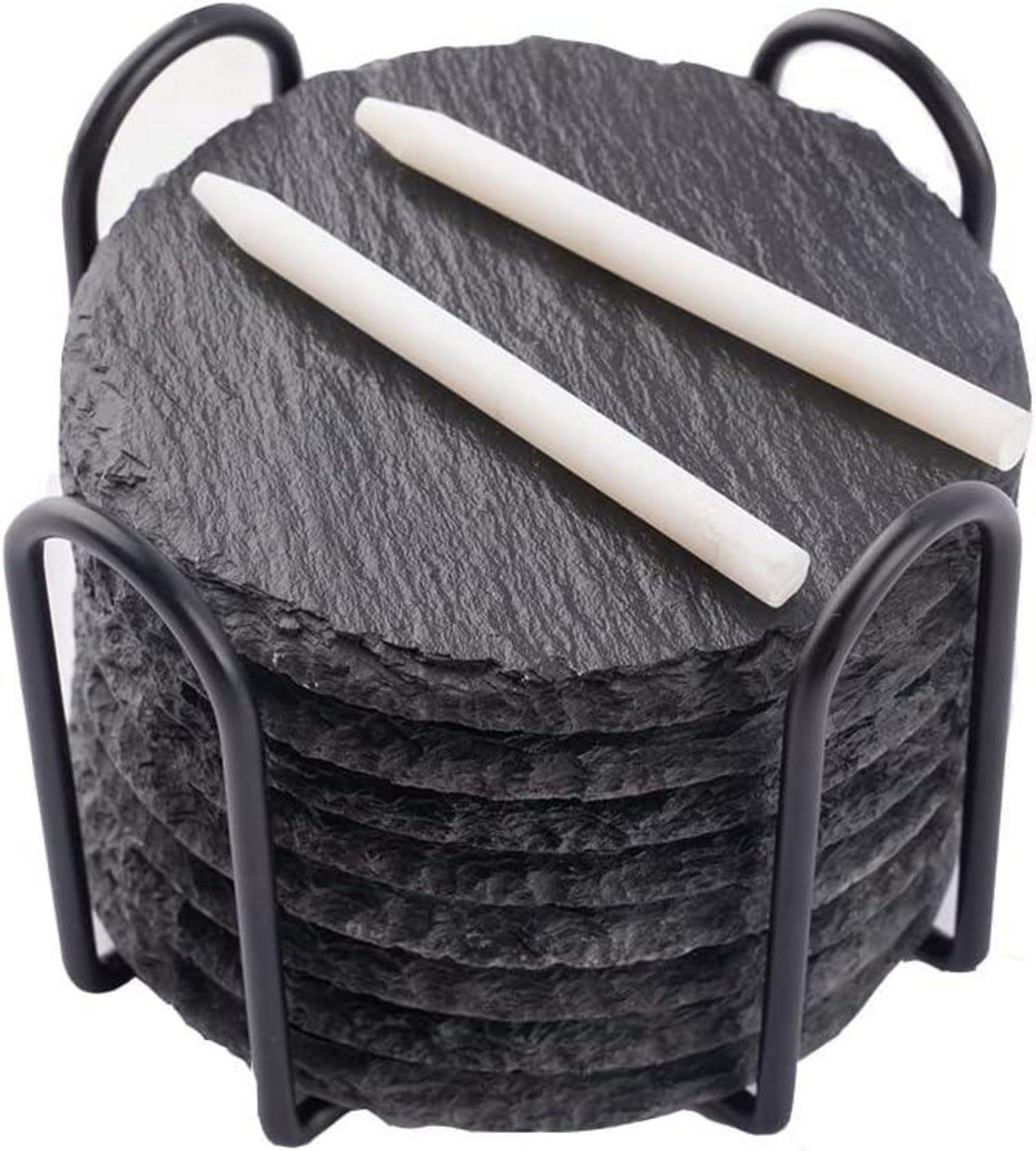 Schiefer Untersetzer 8er Set mit Halter - Glasuntersetzer rund 10x10