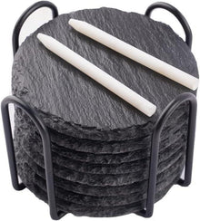 Schiefer Untersetzer 8er Set mit Halter - Glasuntersetzer rund 10x10