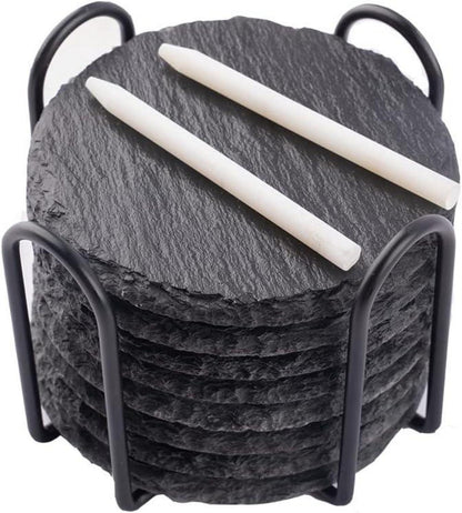 Schiefer Untersetzer 8er Set mit Halter - Glasuntersetzer rund 10x10