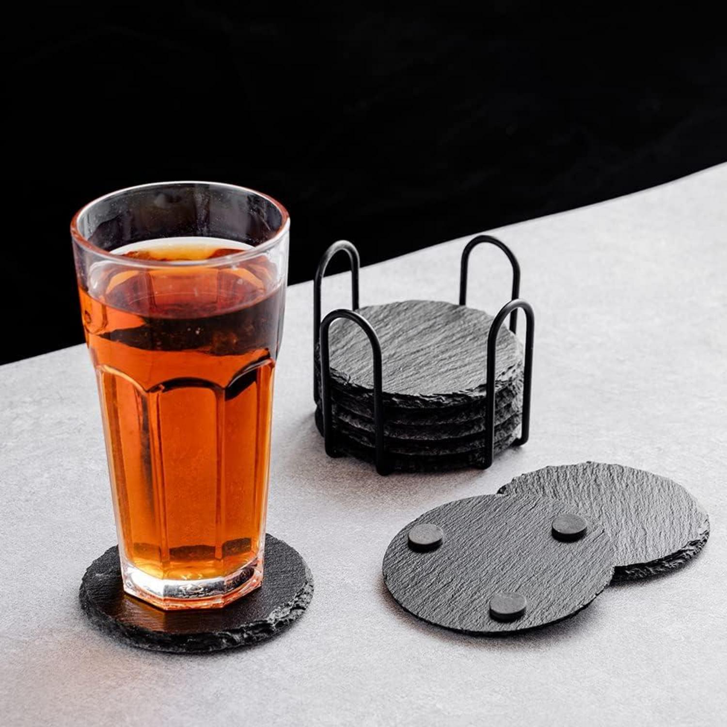 Schiefer Untersetzer 8er Set - Glasuntersetzer rund mit Halter, 10x10 cm Bierdeckel Getränkeuntersetzer