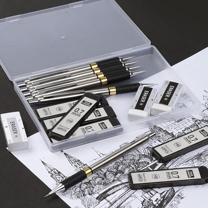 Druckbleistift Set 0,7mm - 6 Stück Metall Minenbleistift - 360 HB-Minen - 3 Radiergummis - Etui