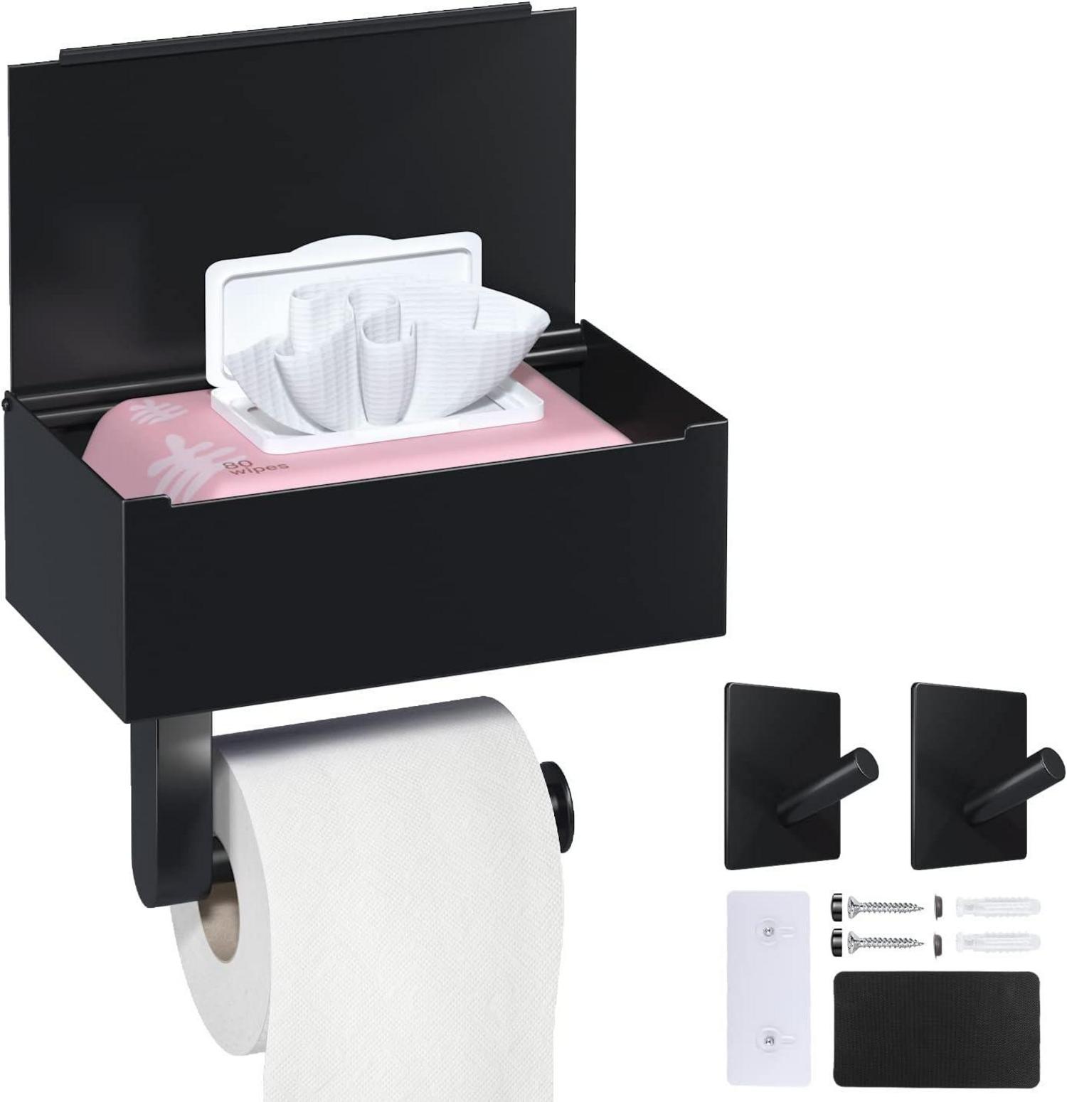 Toilettenpapierhalter Schwarz mit Feuchttuchbox, Ablage & Halter