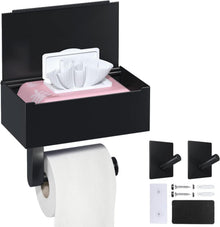 Toilettenpapierhalter Schwarz mit Feuchttuchbox, Ablage & Halter