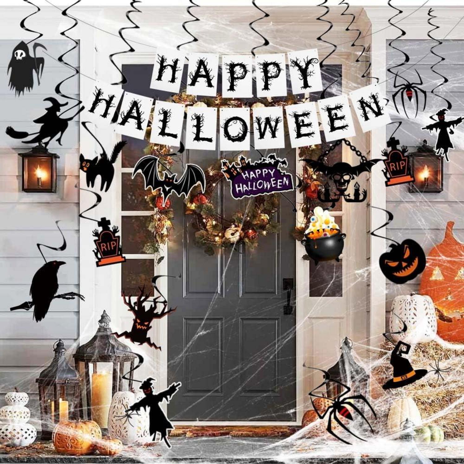 iZoeL Halloween Deko Set Horror Girlande Spiralen Spinnennetz Luftballons