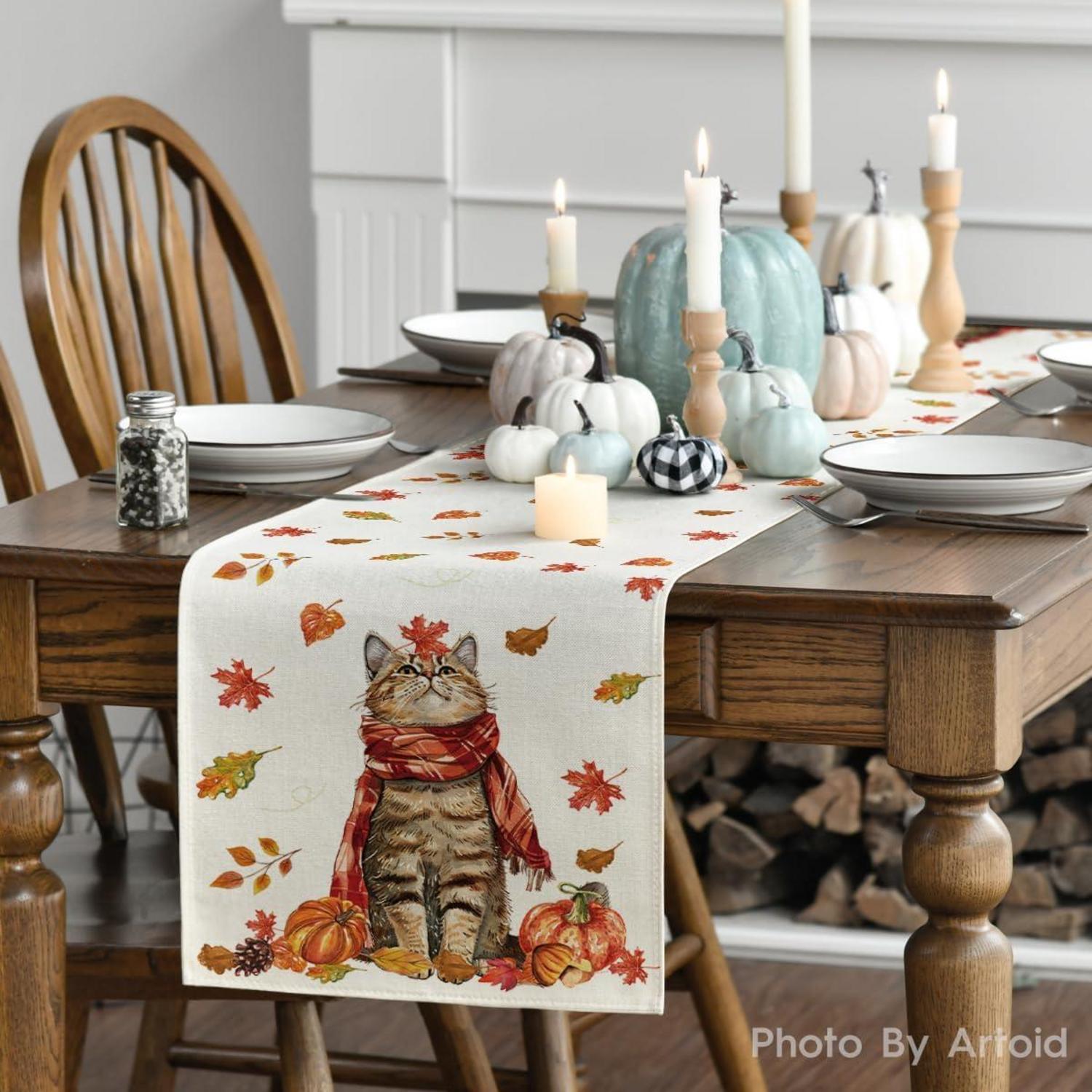 Herbst Tischläufer Katze Kürbisse Ahornblätter 40x180 cm