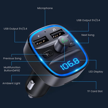 Bluetooth FM Transmitter Auto Adapter Dual USB Ports