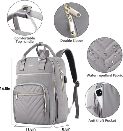 Damen Rucksack Schulrucksack USB Ladeanschluss 15,6 Zoll Laptop Uni Schule Arbeit Büro Geschenke J20-grau