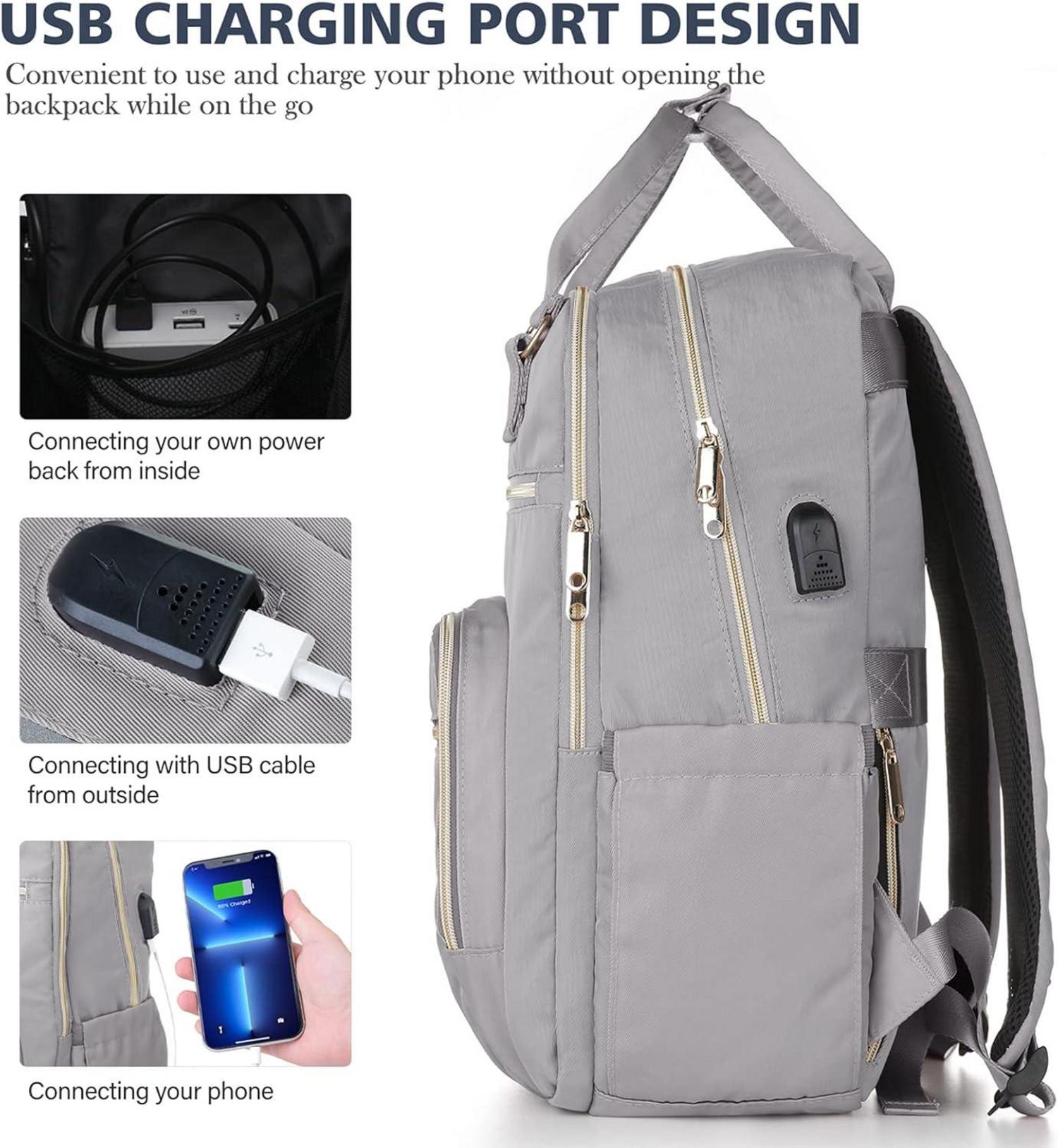 Grauer Damen Schulrucksack USB Ladeanschluss 15,6 Zoll Laptop Uni Arbeit