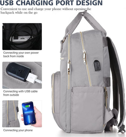 Grauer Damen Schulrucksack USB Ladeanschluss 15,6 Zoll Laptop Uni Arbeit