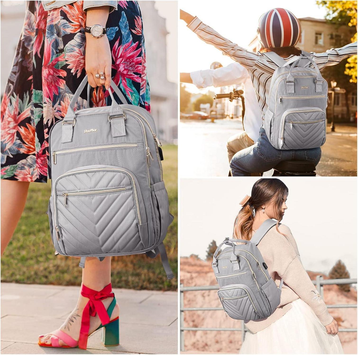 Grauer Damen Schulrucksack USB Ladeanschluss 15,6 Zoll Laptop Uni Arbeit