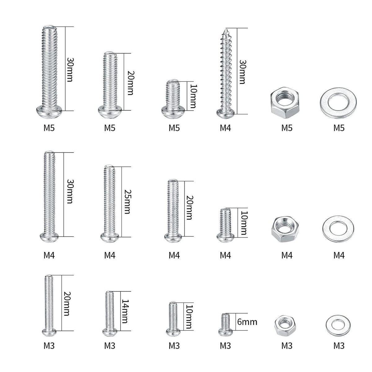 Schrauben-Set M3 M4 M5 mit Muttern & Unterlegscheiben, 550 Teile Silber