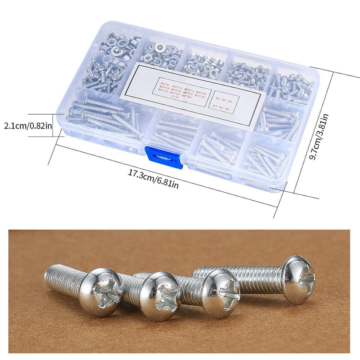 Schrauben-Set M3 M4 M5 mit Muttern & Unterlegscheiben, 550 Teile Silber