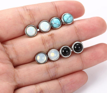 Mondstein Türkis Opal Ohrstecker Set 4MM/6MM 4 Paare Edelstein Damen