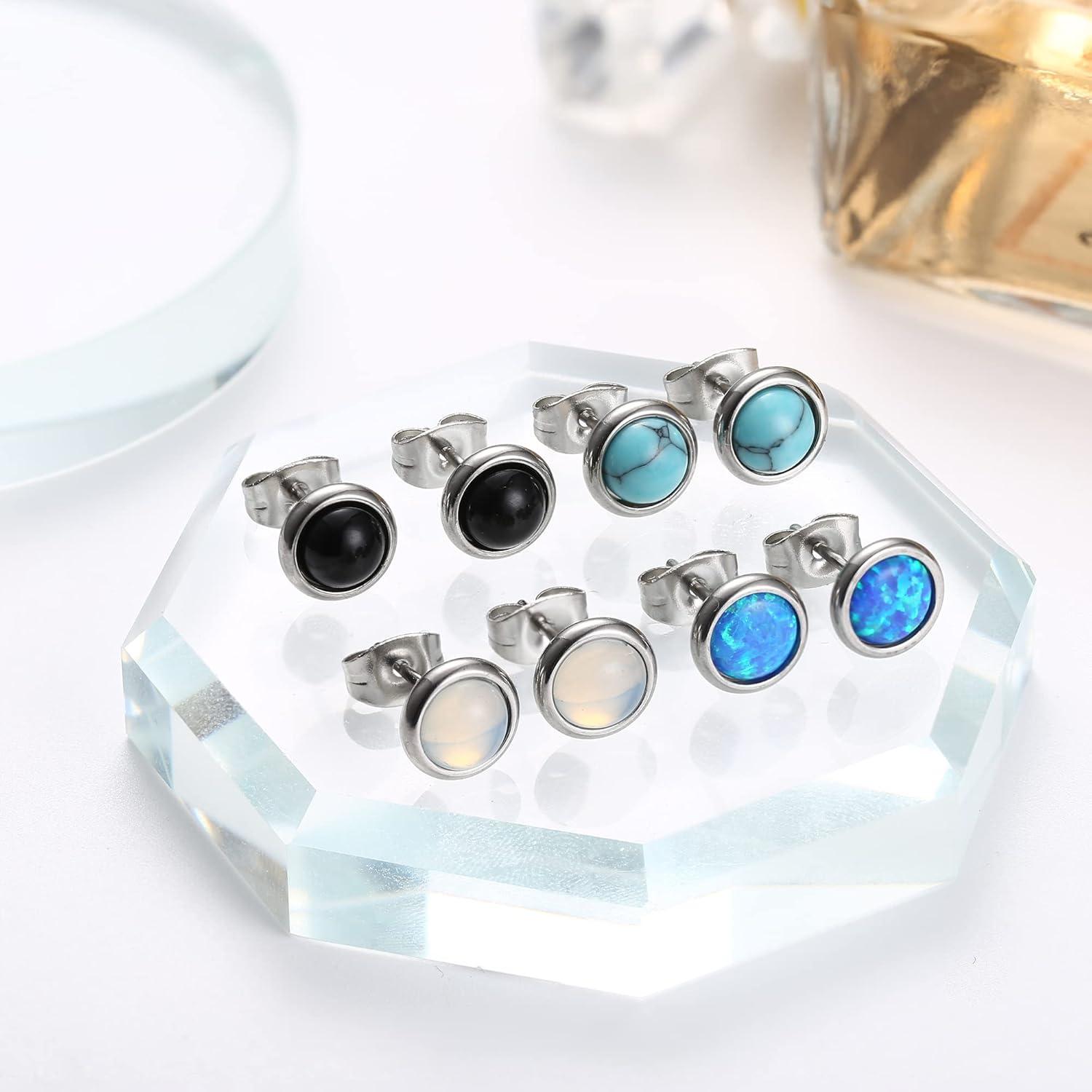 Opal Türkis Mondstein Ohrstecker Set 4 Paare Chirurgenstahl 4MM/6MM