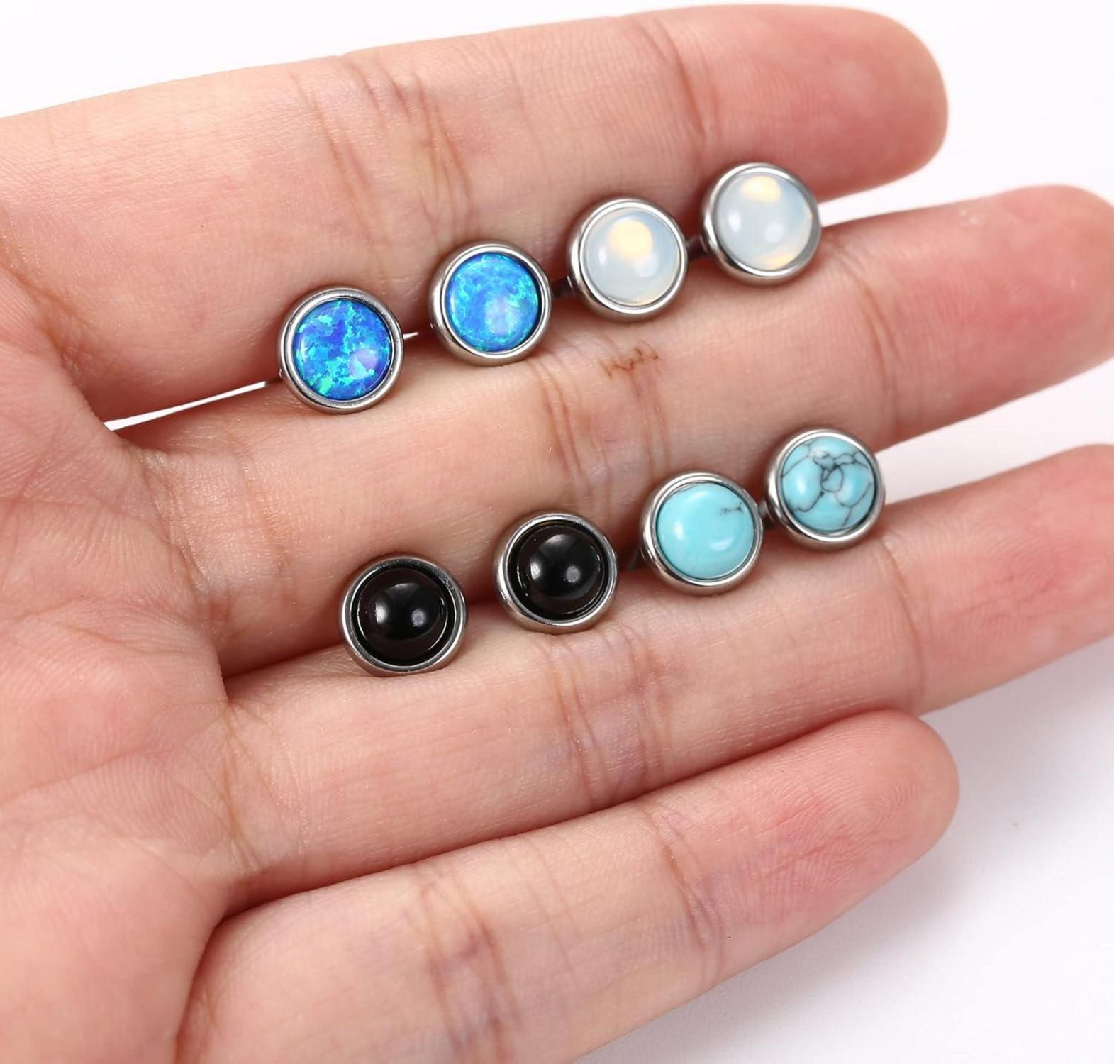 Mondstein Türkis Opal Ohrstecker Set Edelstahl Damen Kinder 4MM 6MM Blau