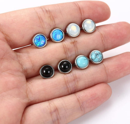 Mondstein Türkis Opal Ohrstecker Set Edelstahl Damen Kinder 4MM 6MM Blau