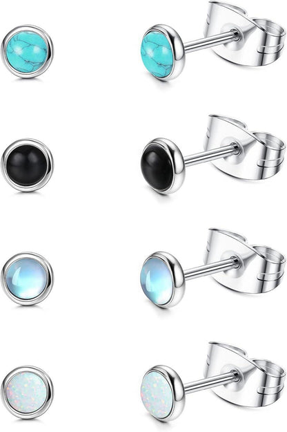 Mondstein Opal Türkis Ohrstecker Set 4 Paare Hypoallergen