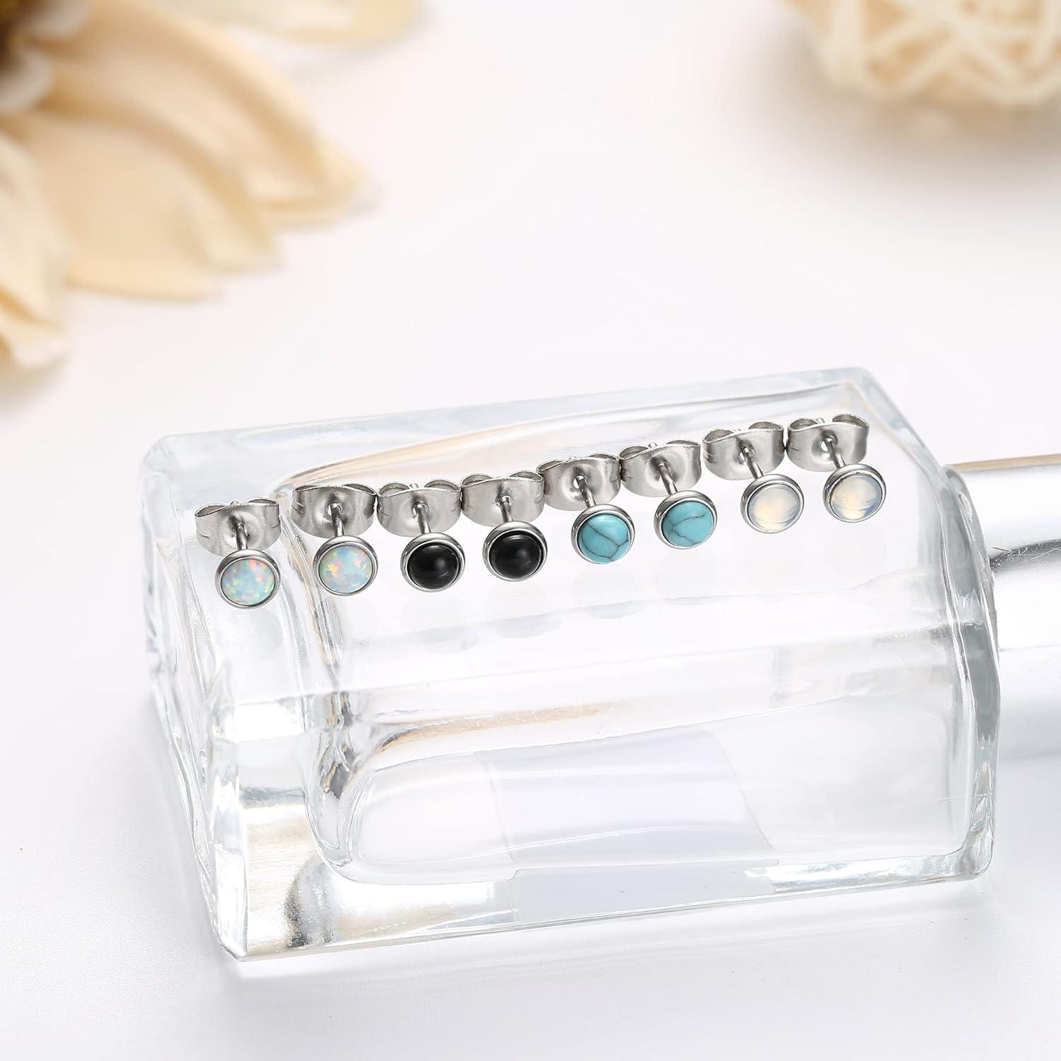 Mondstein Opal Türkis Ohrstecker Set 4MM/6MM Blau Schwarz Hypoallergen